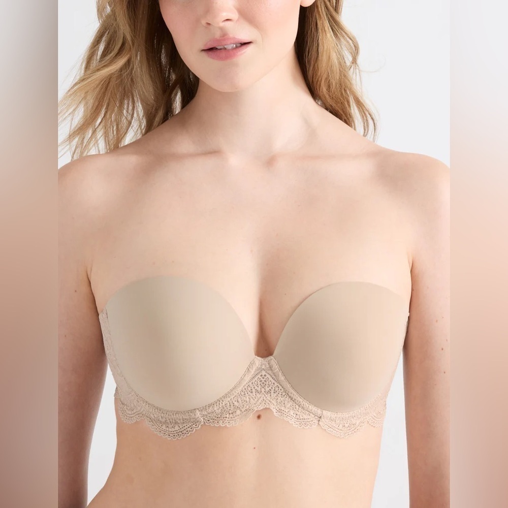SIMONE PERELE Karma Strapless Bra Nude Beige Lace Convertible Size 32D